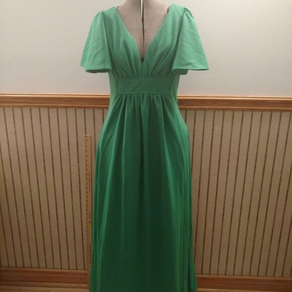 Vintage 70s Maxi Dress Green Size 13/14 Formal Plunge Neckline - Picture 3 of 11